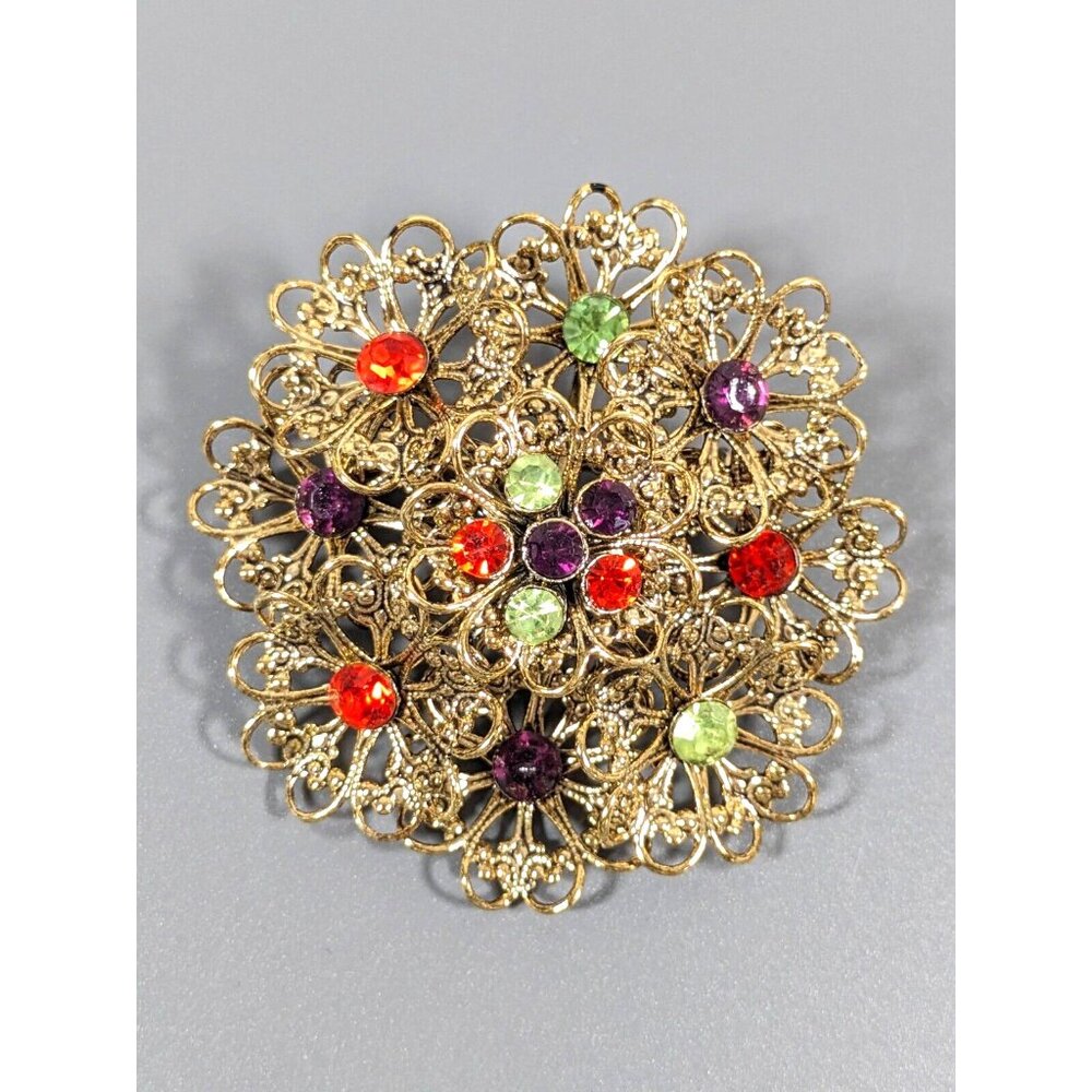 Vintage Gold Tone Filigree Layered Round Brooch Pin Green Purple Rhinestones